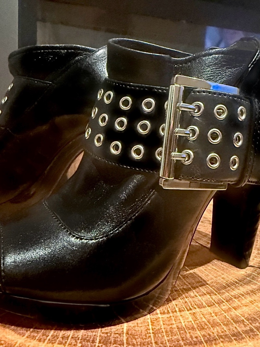 Grommet, Peep-Toe Heel Booties with Buckle